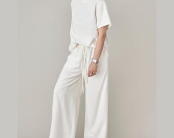 Raw Silk Lounge Set Women, Minimalist Wide Leg Pants and Matching T-Shirt