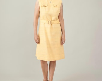 Vintage zijden midi-jurk jaren 60, goudgeel, XS met riem