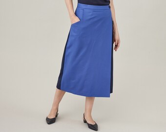 Wool Wrap Midi Skirt: Two-Tone Blue, Elegant Workwear, Size 6