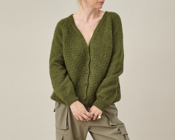 Vintage Hand Knitted Wool Cardigan in Moss Green … - image 1