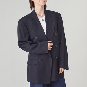 Vintage Navy Wool Blazer Women’s Size L | Double-Breasted Long Jacket, Minimalist Straight Cut FTV1543