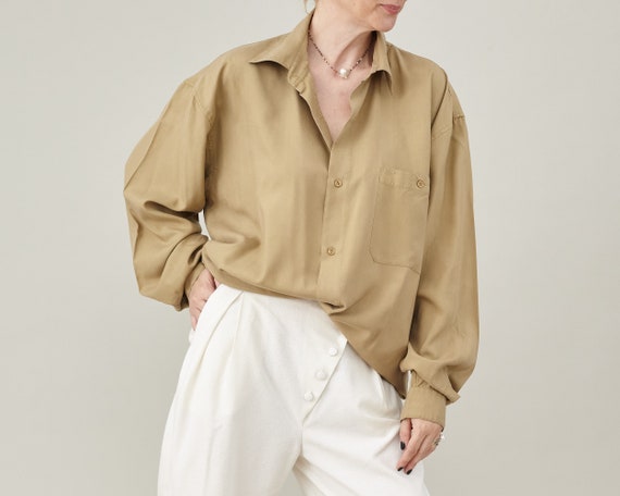 Pure Silk Vintage Shirt in Neutral Moss Green - M… - image 1