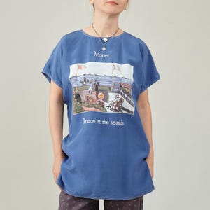 Vintage sidenblus – Blå ärmlös topp, Monet Art Patch