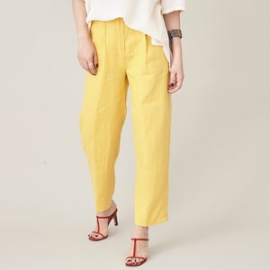 Linen Pants for Women | Yellow Linen Pants for Summer | Pleated Pants with High Waist
