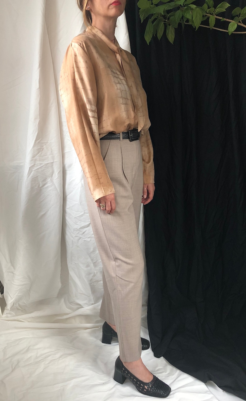 Cream Silk Blouse Silk Blouse with Shawl Collar Vintage Beige Silk Blouse for women Size M