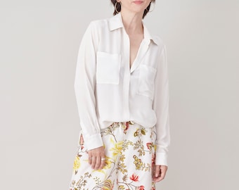 Vintage Silk Blouse, Size M, Off White Crepe de Chine Shirt