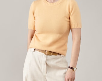 Vintage Merino Cashmere Knit Top: Pastel Orange Short Sleeve Sweater XS