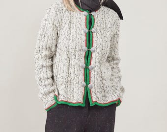 Vintage handgebreid wollen vest: gespikkeld grijs met alpenrand, maat S
