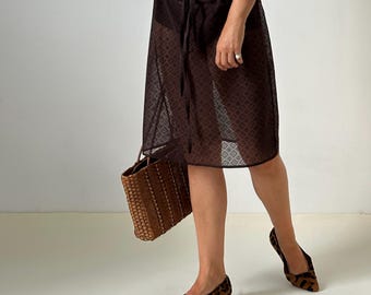 Chocolate Brown Sheer Silk Skirt: Velvet Diamond Jacquard Midi
