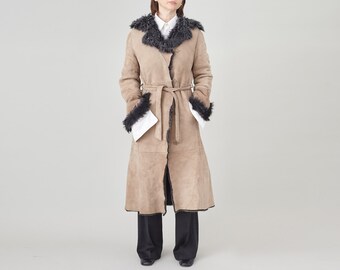 Vintage Long Shearling Coat with Tie Waist | Winter Shearling Coat for Women Size S FTV1863