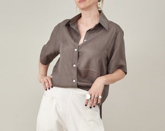 Pure Silk Women Shirt with Short Sleeve | Minimalist Taupe Silk Button Up Blouse for Summer