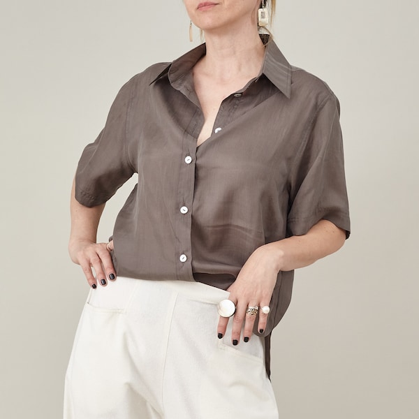 Sap Green Elbow Sleeve Organza Blouse with Deep U Neckline and Front Button Hook Closure