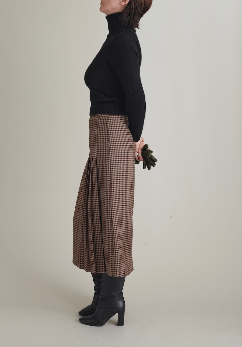 Wool Pleated Skirt for Women Plaid Brown Wool Skirt below the knees with one welt pocket, belt loops. Fully lined. FTN59_100WOL image 3