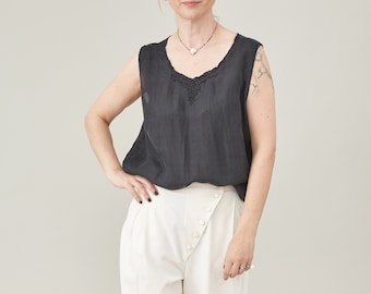 Vintage Black Silk Embroidered Tank Top, Women's Size M, Elegant and Timeless FTV1950