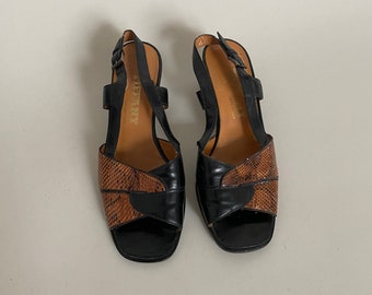 Vintage Black | Brown Snake Skin Sandals for Women, Size 36 | Medium Block Heels Sling Back Sandals FTV1383