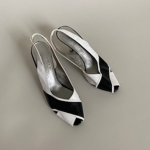 Vintage Black & White Leather Sandals for Women Size 9.5 | Peep Toe, Sling Back Heeled Sandals FTV1395