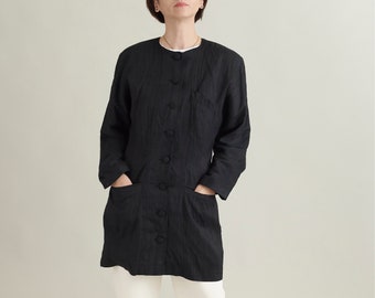 Vintage Silk Blazer for Women Size S-M | Black Silk Long Blazer with Pockets FTV1010