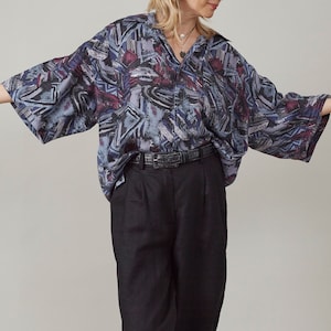 Vintage Plus Size Silk Shirt from the 90&#39;s in Multicolor Abstract Print, Loose Short Sleeve Summer Blouse, Unisex Design