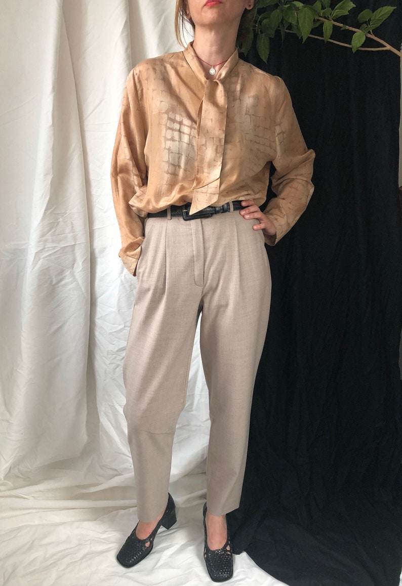 Cream Silk Blouse Silk Blouse with Shawl Collar Vintage Beige Silk Blouse for women Size M