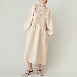 Refined Linen Midi Dress with Broderie Anglaise Yoke – Elegant Long Sleeve Dress with Tie Waist & Pockets | Handmade Natural Linen Dress