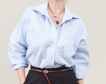 Blue Cotton Button Down Shirt Women | Relaxed Casual Work Blouse