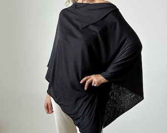 Black Silk Jersey Poncho: Lightweight Scarf Wrap, Versatile Shawl