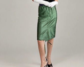 Green Silk Skirt, 100% with Adjustable Drawstring Waist and Hem