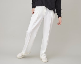 White Wool Pants for Women | Ivory White Straight Pants with Pressed Pleats | Man-Tailored Slacks
