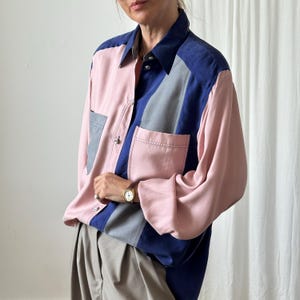Vintage 100% Silk Color Block Blouse for Women US 10 | Long Sleeve Shirt in Dusted Pink, Grey & Navy