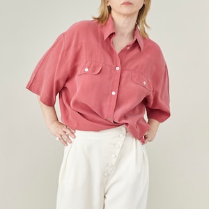 Vintage 100% Silk Blouse Women Plus Size, 90s Pure Silk Off Red Short Sleeve Shirt for Summer, Loose Breezy Top