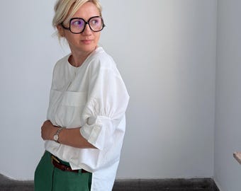 Vintage White Blouse for Women, Short Puffed Sleeves, Cottage Core Style