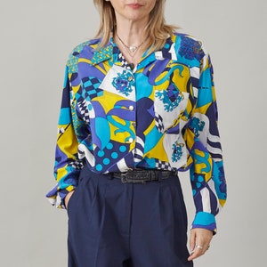 Vintage 100% Silk Blouse for Women Size L | Colorful Statement Shirt from the 80s FTV2010