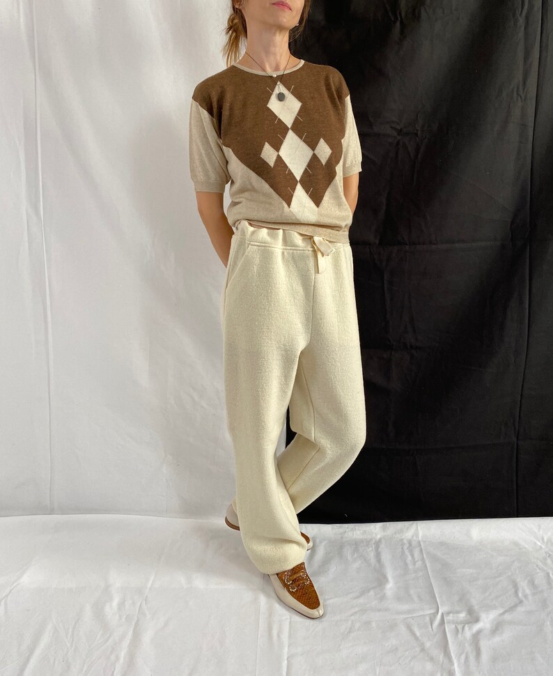 Vintage Merino Wool Short Sleeve Diamond Print Sweater Merino Sweater for Women size M FTV516