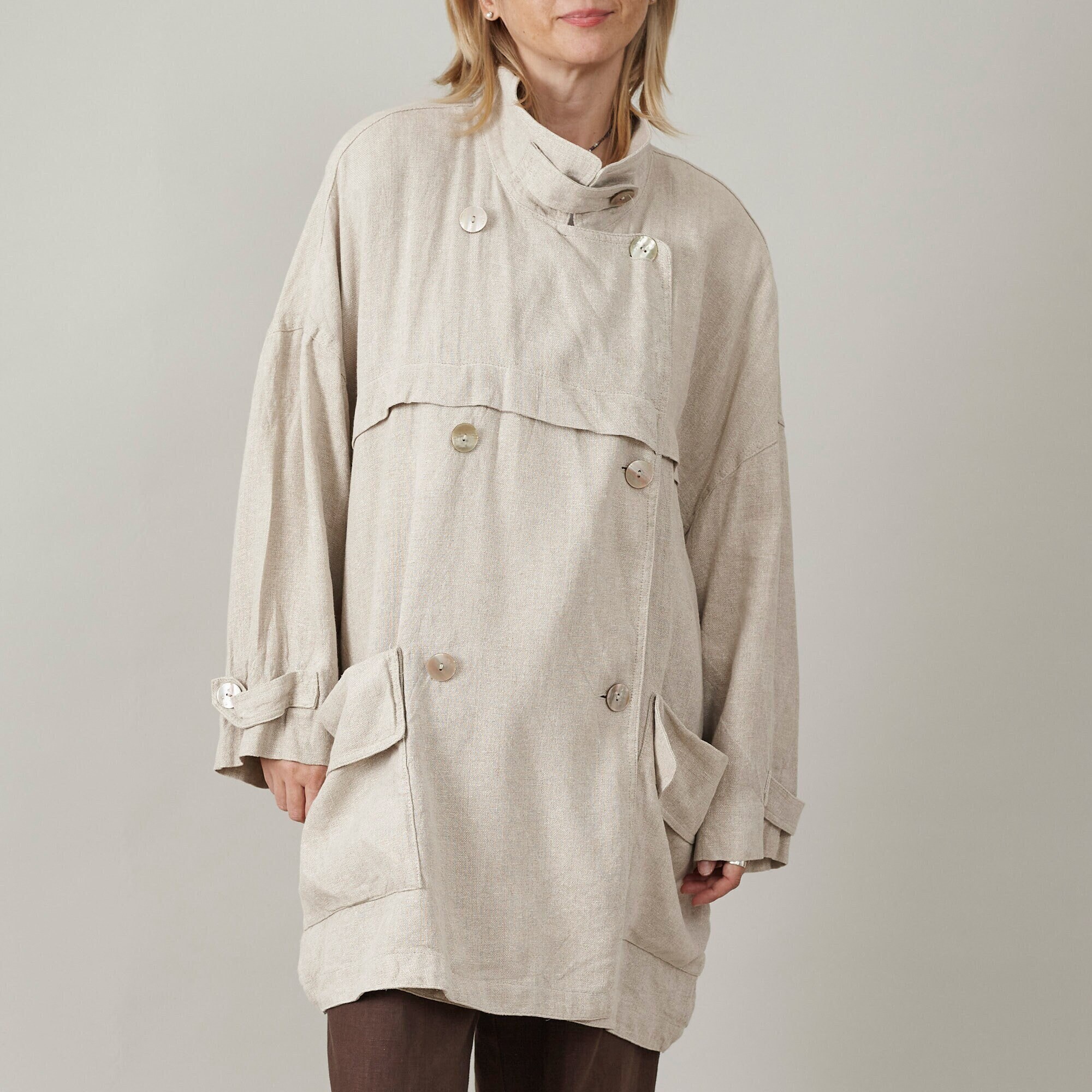 Vintage Beige Linen Jacket: Oversized Double Breasted Coat (S-L
