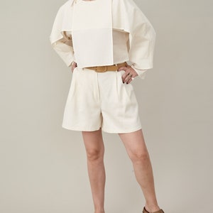 Custom Women's White Silk Shorts: Handmade Bermuda Style with High Waist, Pleats, and Pockets for Summer, Elegant Vacation Shorts image 8