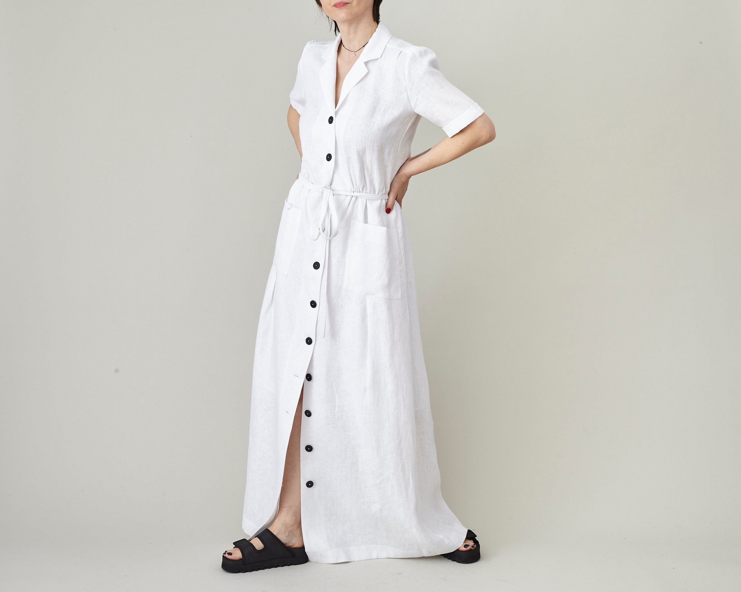 White Linen Maxi Dress for Women, Front Button Summer Dress