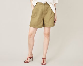 Short olive en lin pour femme du XXS au XXL | Pantalon court en lin plissé à taille haute | Bermuda décontracté