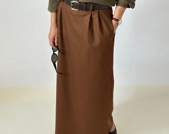 Handmade Wool Maxi Skirt: Chestnut Brown, High Waist, Pockets