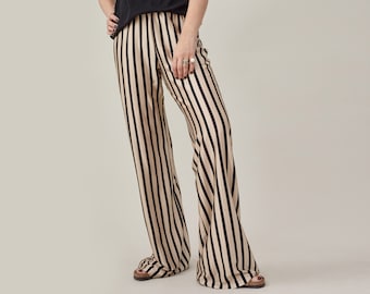 Chic Silk Jersey Fit and Flare Pants: Beige & Black Stripes, Elastic Waist - Flowy Summer Style