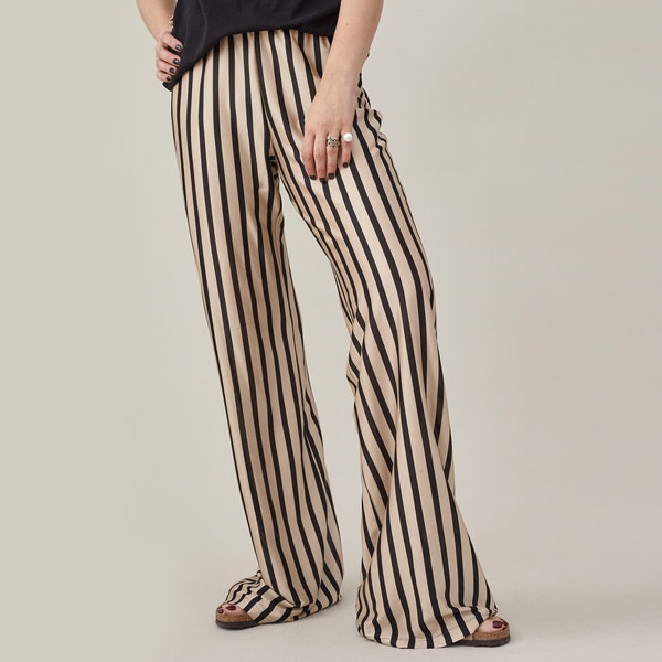 Chic Silk Jersey Fit and Flare Pants: Beige & Black Stripes, Elastic Waist - Flowy Summer Style