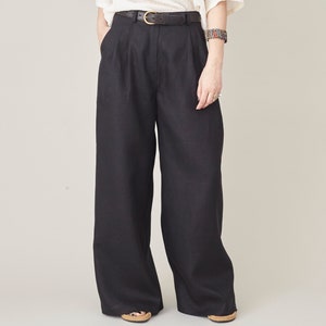 Black Linen Pants for Women | Wide Leg, Pleated High Waist, Flowy Trousers for Summer