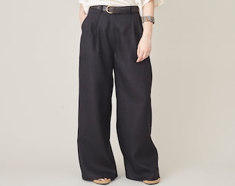 Schwarze Leinenhose mit weitem Bein für Damen | Hoch taillierte, plissierte, fließende Hose mit Taschen