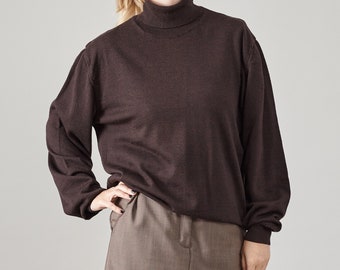 Vintage Brown Wool Turtleneck For Women Size L - XL | Premium Knitwear Essential