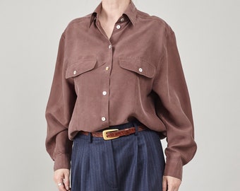 Vintage Braun Seide Shirt Frauen Größe M, 38 EU, Minimalist Loose Straight Fit Seidenbluse aus den 90's Washed Off Style