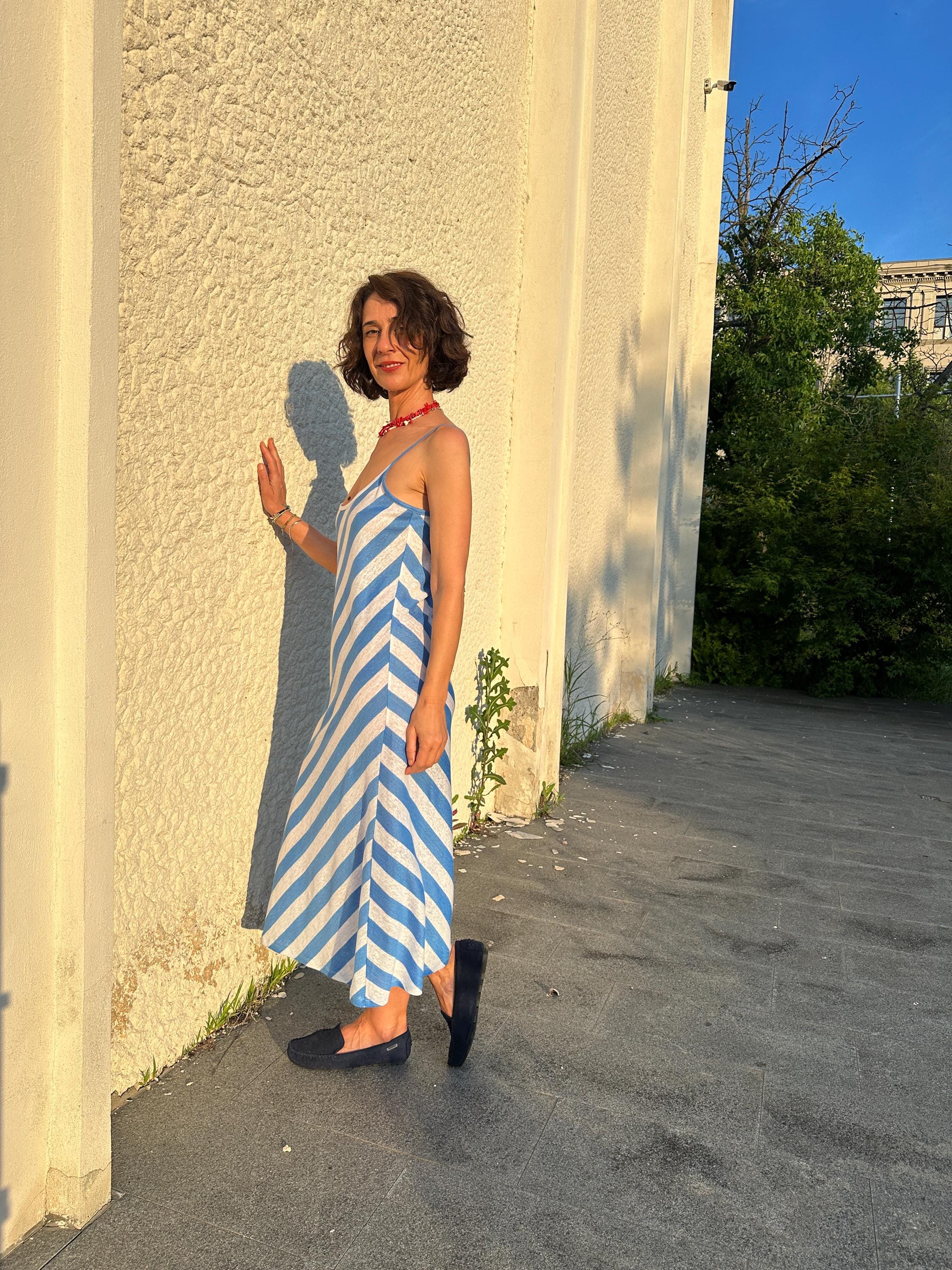 Striped Jersey Linen Slip Dress: Breezy Blue & White Beach Cover-Up