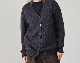 Vintage Wool Angora Cardigan for Women Size S - M | Grey Cable Knit V-Neck Cardigan - FTV545