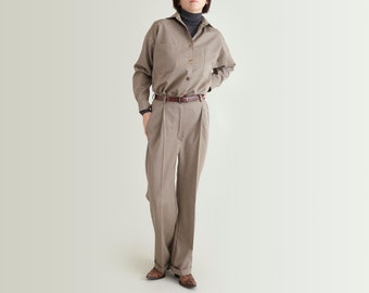 Two Piece Set for Women | Beige Wool Matching Set with Straight Pants and Wool Blouse FTN62_104WOL