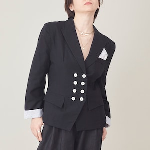 Vintage Black Linen Double Breasted Blazer - Size S/M