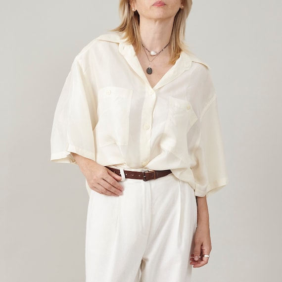 Women Plus Size Loose Silk Shirt Vintage Silk Blouse Short Sleeve Straight Relaxed Cut in Butter White Etsy UK