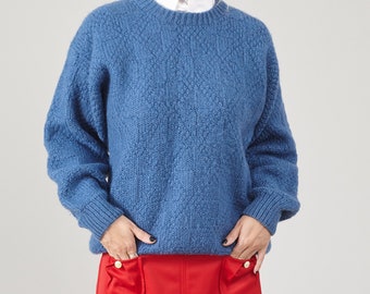 Cerulean Blue Vintage Hand-Knitted Wool Sweater - Women's Large Crew Neck Jumper